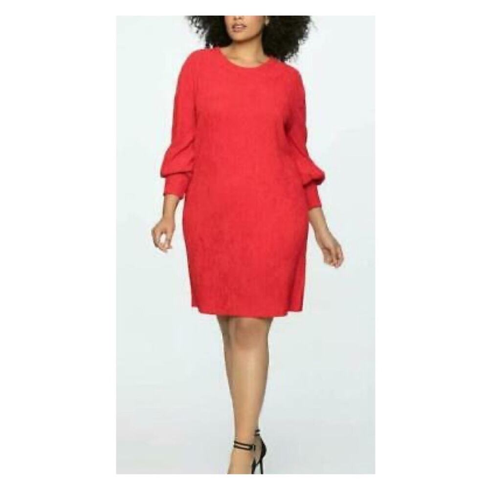 Eloquii Red Long Puff Sleeve Ribbed Shift Dress Sz.14/16